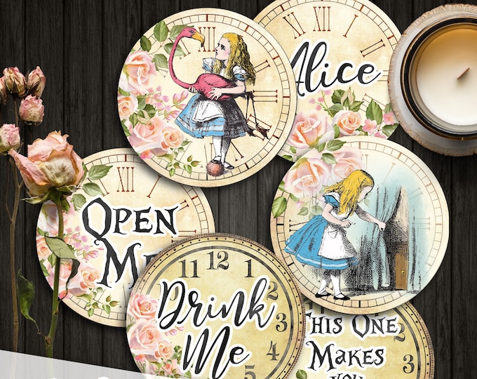 CLOCK FACE ALICE 2.5 inch circle printable clocks bottle caps stickers for pendants magnets coaster graphic digital collage sheet tn608