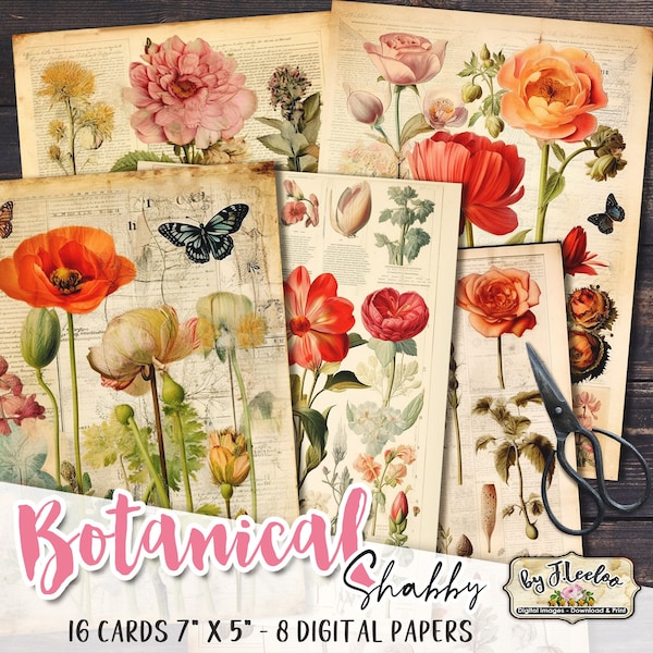SHABBY BOTANICAL 16 cards for junk journal | Digital shabby chic French style card making diary scrapbook | Ephemera DiY Printable  pp605