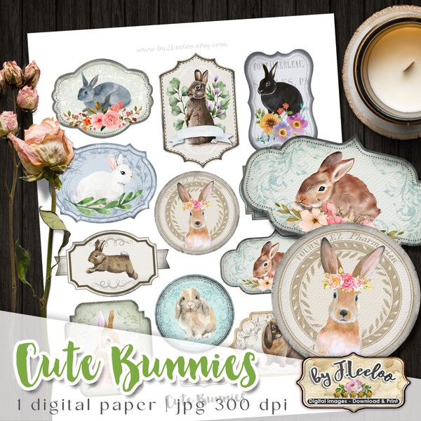 CUTE BUNNIES easter labels digital shabby chic jewelry holder roses paper goods for craft art Digital collage printable tl251