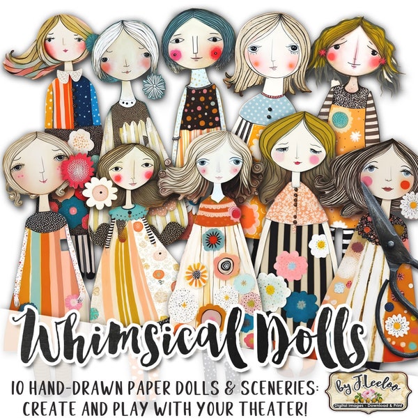 WHIMSICAL PAPER DOLLS and Sceneries printable kit junk journal cut off | Dolls journaling supplies Collage | fussy cut doll digital | pp595