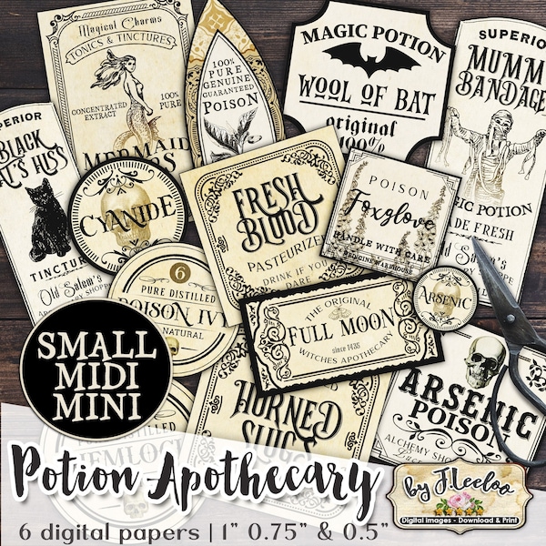 APOTHECARY MINI POTION set .5" .75" 1" printable Halloween bottle jar labels instant download images digital collage sheet tl241