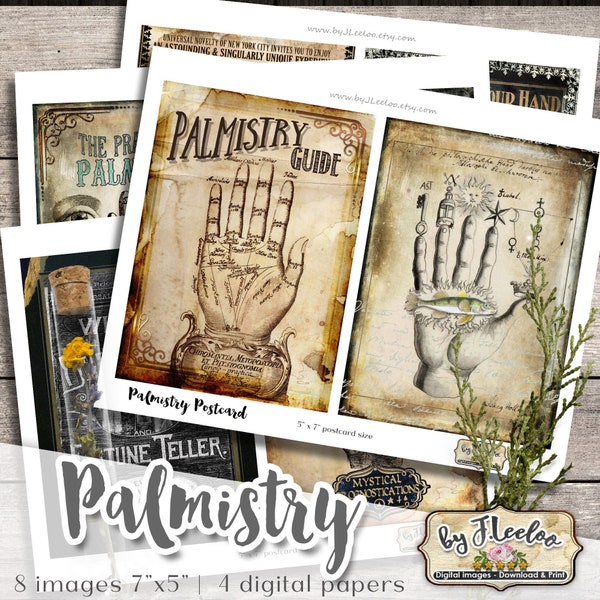 PALMISTRY POSTCARDS 8 backgroundS 5x7 inch Digital collage sheet gothic steampunk diary scrapbook instant download printable pp366