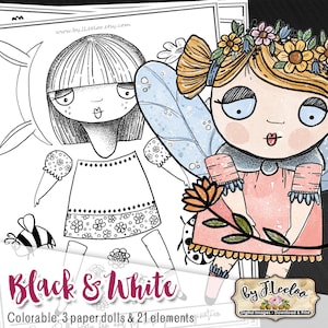 BLACK and WHITE Paper Dolls Coloring Articulated altered art Easter digital collage sheet for journal page scrapbook diary art pp535