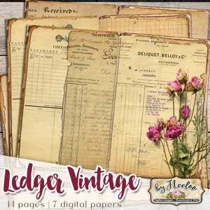 Ledger Vintage Journal Art Half Pages | artykuły piśmiennicze, rękodzieło, album ze zdjęciami, kolaż cyfrowy, natychmiastowe pobieranie, możliwość wydruku | pp545