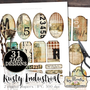 RUSTY INDUSTRIAL tags printable steampunk vintage ephemera junk journal masculine images digital collage sheet tl250 image 1