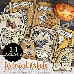 WITCHED LABELS printable Apothecary bottle jar labels Potion & Poison Halloween instant download Gothic digital collage sheet tl244