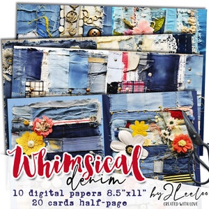 WHIMSICAL DENIM fabric collage supplies papers | Shabby Chic Junk Journal pages | background vintage craft paper digital ephemera | pp619