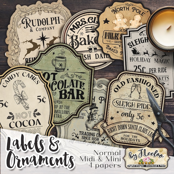 LABELS & ORNAMENTS jar holidays for greeting card Digital collage sheet Christmas santa gift paper good download printable vintage tl249