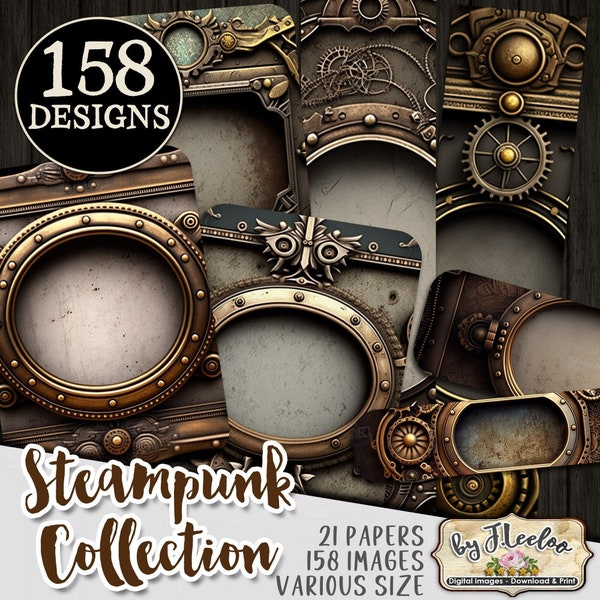 STEAMPUNK FRAMES Collection 158 printable images | vintage ephemera junk journal |  Bundle metal industrial 21 collage sheets | pp588