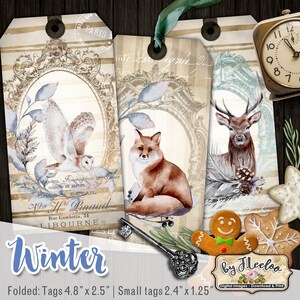 Tag INVERNO per le vacanze regalo diario spazzatura diario lavorazione vintage Natale romantico volpe cervo gufo stampabile download immediato tl229