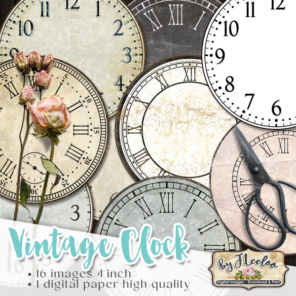 VINTAGE CLOCK 4 inch circle printable vintage jpeg face clock clipart vintage home decor diy paper crafting download digital collage tn639