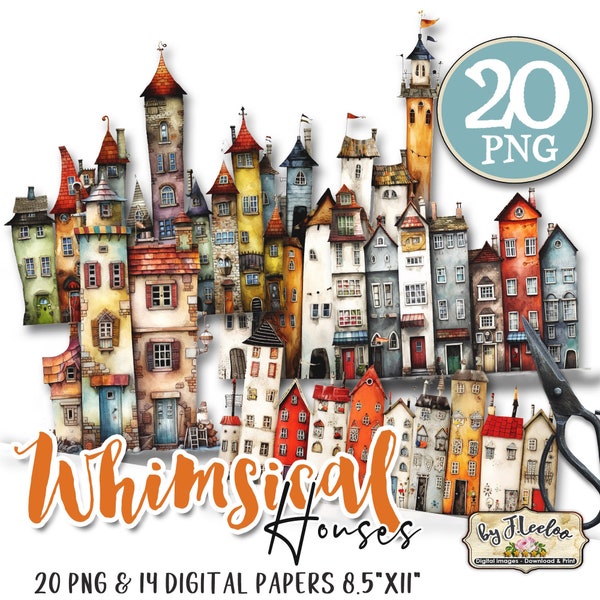 WHIMSICAL HOUSES PNG Clipart Papier Bastelbedarf | junk journal elements vintage | skurrile Mixed Media Printable | kommerzielle Nutzung | cl147