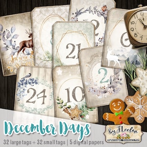 DECEMBER DAYS tags printable vintage Christmas calendar daily countdown ephemera scrapbook download gift Santa instant download tl228