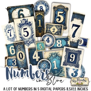 NUMBERS IN BLUE Etiketten Printable mystische Fantasy Etiketten | tags vintage ephemera junk journal | Bilder digitale collage Druckvorlage | S.625