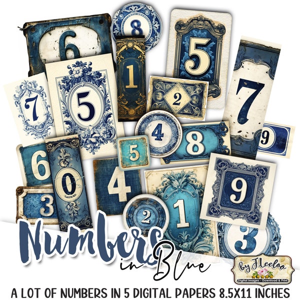 NUMBERS IN BLUE labels printable mystic fantasy supplies | tags vintage ephemera junk journal | images digital collage sheet | pp625