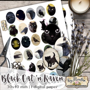 BLACK CAT &#39;N RAVEN 30x40mm oval for gothic halloween mystical pendant cabochon instant download Digital collage sheet ov142