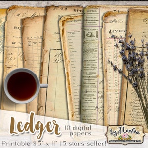 LEDGER Digital Vintage Ephemera for Junk Journals - Grunge diary - Cyfrowy notatnik do scrapbookingu, arkusz kolażu, papier vintage do pobrania pp546