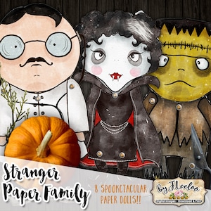 FAMILLE DE PAPIER ÉTRANGER Poupées en papier d'Halloween dessinées à la main aquarelle effrayant art altéré Poupées en papier numérique imprimable pp531