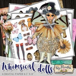 WHIMSICAL DOLLS cyfrowe arkusze kolażu do scrapbookingu, tworzenia kartek, klejone książki, natychmiastowe pobieranie, pakiet ulotek pp538