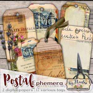 POSTAL Ephemera Tags Etikett Vintage Grunge Journal - Druckbare Postkarte antikes Dokument Collage Sheet sofort download tl232