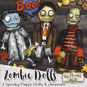 ZOMBIE DOLLS Halloween Hand Drawn Paper Doll Scary Digital