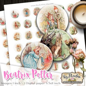 May include: A digital paper pack featuring 30 round images of Beatrix Potter characters, including Peter Rabbit, in a vintage style. The images are 1 inch in diameter and the paper is 8.5 x 11 inches.