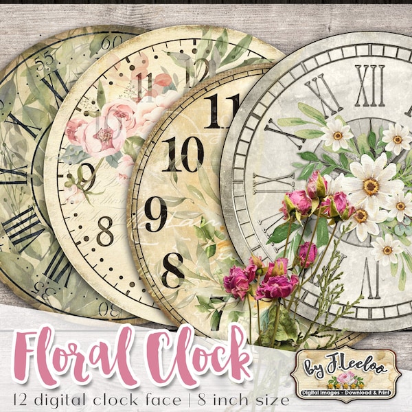 FLORAL CLOCK 8 inch circle printable clock face jpeg clipart vintage home decor diy paper crafting download digital collage tn615