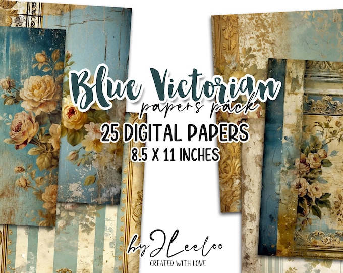 BLUE VICTORIAN french tattered papers | Shabby Chic Junk Journal pages | background Distressed card making digital ephemera | pp614