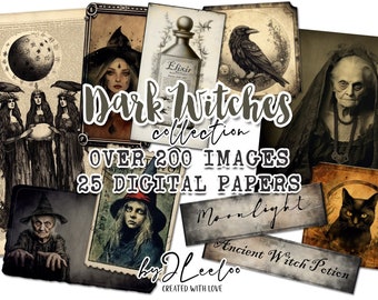 Colección BRUJAS OSCURAS 200 imágenes / Suministros de efímeros digitales para álbumes de recortes y diarios de terror / Paquete de tarjetas fotográficas victorianas de Halloween / pp616
