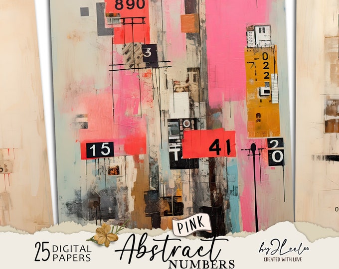 ABSTRACT NUMBERS pink modern background | Paper Junk Journal pages background Distressed grunge card making collage digital ephemera | pp691