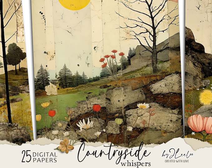 COUNTRYSIDE WHISPERS vintage papers | Landscape Junk Journal pages background Distressed grunge card making collage digital ephemera | pp688