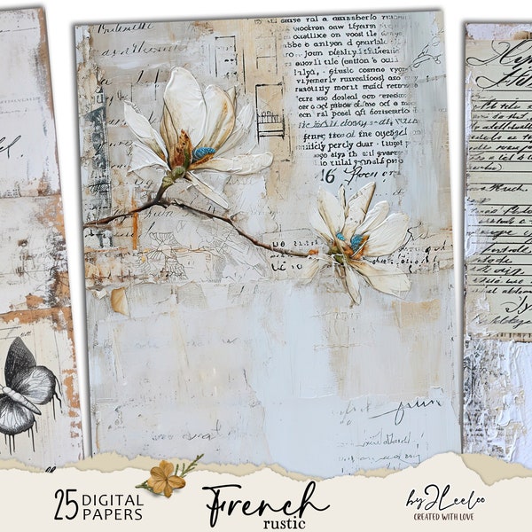 FRENCH RUSTIC fake vintage papers | Romantic Junk Journal pages background Distressed grunge card making collage digital ephemera | pp703