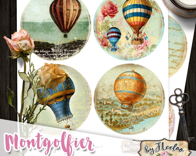 MONTGOLFIER 4 inch Digital collage with sky fly hot air balloon for coaster magnet stickers hang tags instant download printable tn607