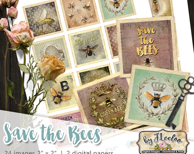 SAVE THE BEES 2 inch square royal bee vintage scrapbooking mirrors hang tags clipart magnet dot instant download printable qu536