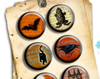 May include: Set of six 1 inch round buttons with Halloween themes. The buttons feature images of a bat, a frog, a black cat, a crow, three witches, and a haunted house. The buttons are printed with a vintage style.