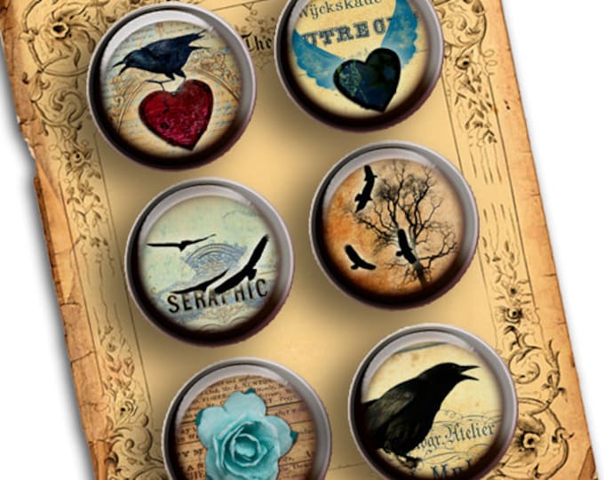 Digital printable RAVEN 1.313 inch button machine crow black heart scary halloween magnet pendant instant download printable tn222