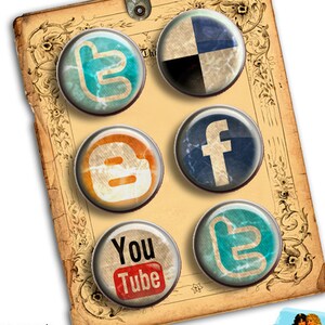 May include: Six 1-inch round buttons featuring various social media logos. The buttons have a distressed, vintage look. The logos include Twitter, Facebook, Blogger, YouTube, and two different versions of the Twitter logo.