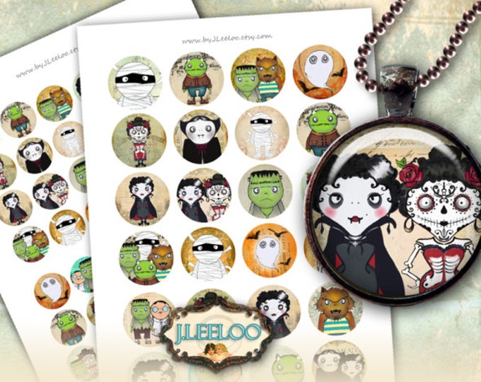 STRANGER FAMILY  circles gothic halloween for pendants magnets bezel trays printable hand-drawn scrapbooking digital collage sheet tn489