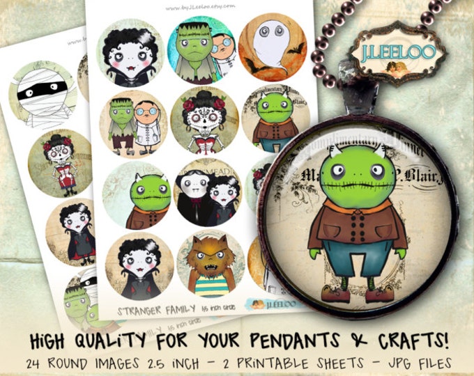 STRANGER FAMILY 2.5 inch circle gothic halloween for pendants magnets bezel trays printable coaster graphic digital collage sheet tn488