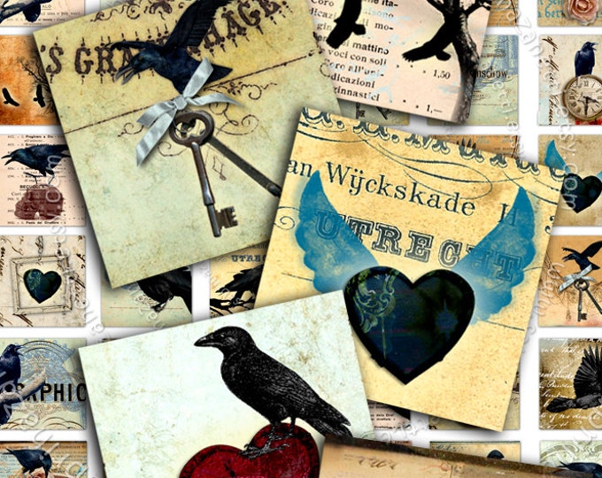 Digital sheet RAVEN IN SQUARES 1x1 inch love dark heart black crow for jewellery pendant clipart magnet instant download printable qu192