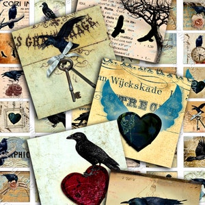 Digital sheet RAVEN IN SQUARES 1x1 inch love dark heart black crow for jewellery pendant clipart magnet instant download printable qu192