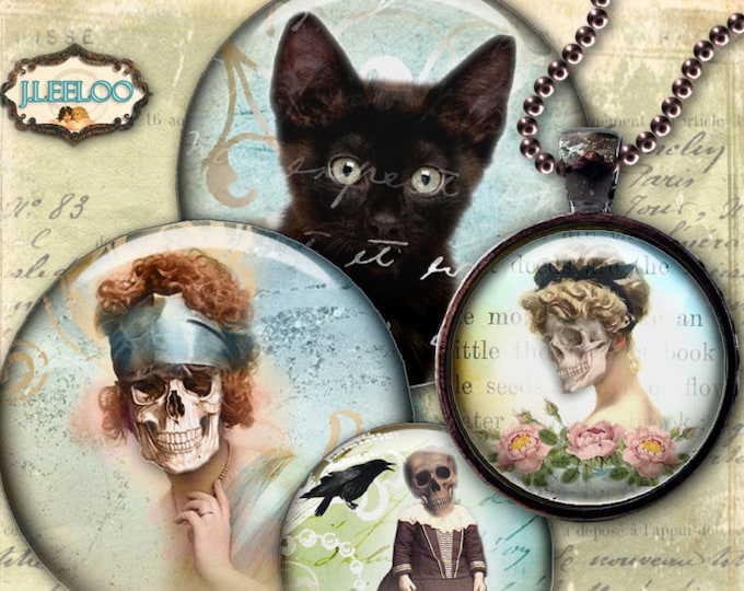 SKULLS AND CATS 1 inch circle gothic dia de los muertos printable pendant bottle caps bezel trays magnets digital collage sheet tn386
