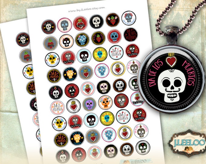 DIA De LOS MUERTOS 1 inch circle scary halloween pendants magnet bezel trays bottle caps cabochon printable digital collage sheet tn491