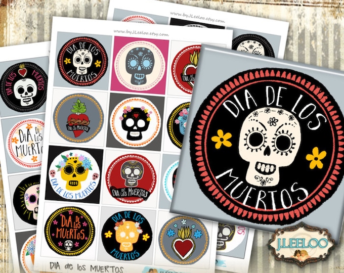 DIA De LOS MUERTOS 2.5 inch square scary halloween topper cupcake magnet stickers craft downloadable printable digital collage sheet tn490
