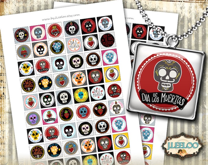 DIA De LOS MUERTOS 1X1 inch scary halloween pendants magnet bezel trays bottle caps cabochon printable digital collage sheet QU467