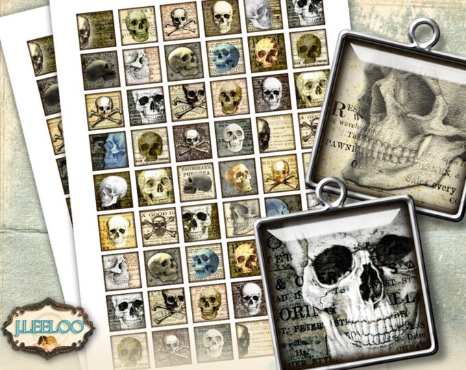 SKULLS printable 1x1 inch square for goth scary resin pendant bezel trays halloween scrapbook instant download collage sheet qu463