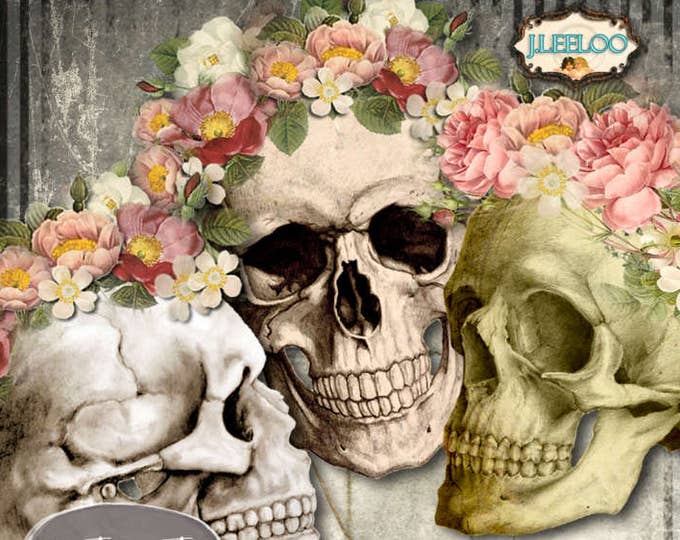 SKULLS large PNG printables Halloween gothic Digital collage sheet roses vintage diy scrap day of the dead bones instant downloads cl124