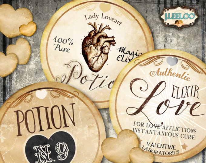 LOVE POTION 2 inch vintage digital image steampunk jar labels printable halloween magic heart scrapbook diy instant download tn532