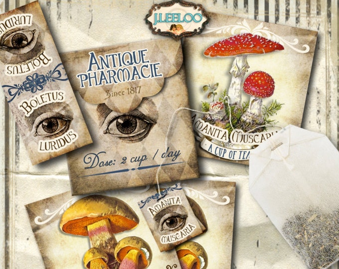 POISONOUS TEA printable tea bag holder envelopes apothecary fungi party Halloween instant download printable digital collage sheet pp351