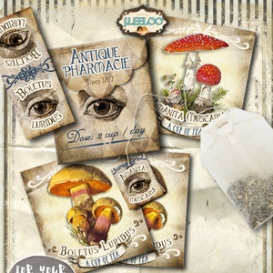 Support de sachet de thé imprimable THÉ toxique enveloppes fête des champignons d'apothicaire Halloween Téléchargement instantané imprimable collage numérique feuille pp351